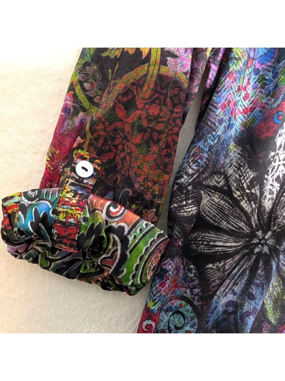 John Mark Mixed Print Satin Sz M Long Slv Button Blouse Tunic Artsy - Picture 5 of 11